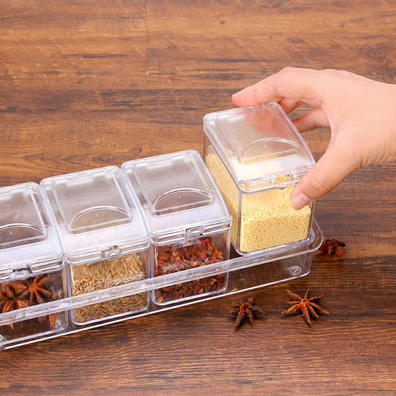 [Australia - AusPower] - 4pcs Plastic Seasoning Box, Transparent Spice Storage Container Condiment Jars with Spoon and Cover for Spice Salt Sugar 