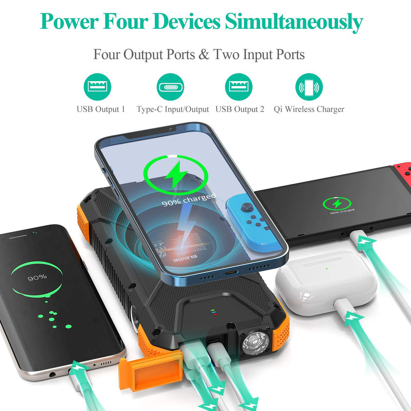 [Australia - AusPower] - BLAVOR Solar Charger Power Bank 18W, QC 3.0 Portable Wireless Charger 10W/7.5W/5W with 4 Outputs & Dual Inputs, 20000mAh External Battery Pack IPX5 Waterproof with Flashlight & Compass (Orange) Orange 