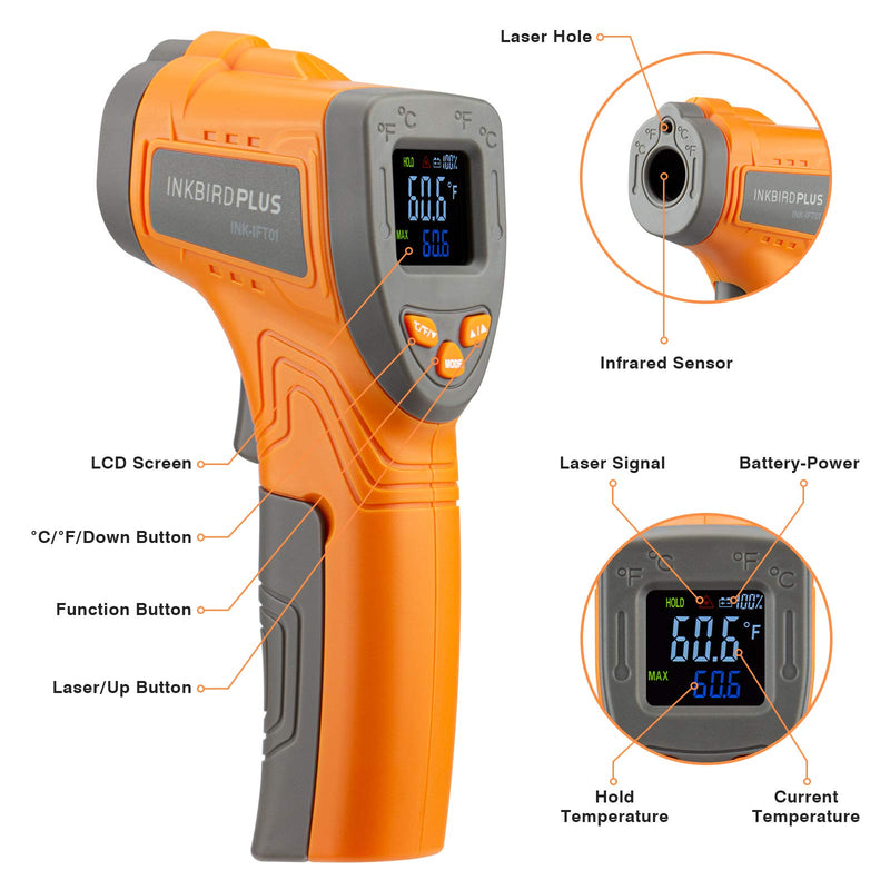 [Australia - AusPower] - Inkbird Infrared Thermometer for Cooking Temperature Gun, Laser Thermometer Gun Digital for Pizza Oven and Reptiles, -58℉~1022℉ (INK-IFT01) 