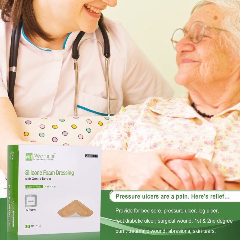 [Australia - AusPower] - Silicone Adhesive Foam Dressing with Gentle Border 4''x4'' for Bed Sore Leg Ulcer 10 Pack, High Absorbency Waterproof Silicone Wound Bandage for Foot Diabetic Ulcer 4x4 Inch (Pack of 10) 