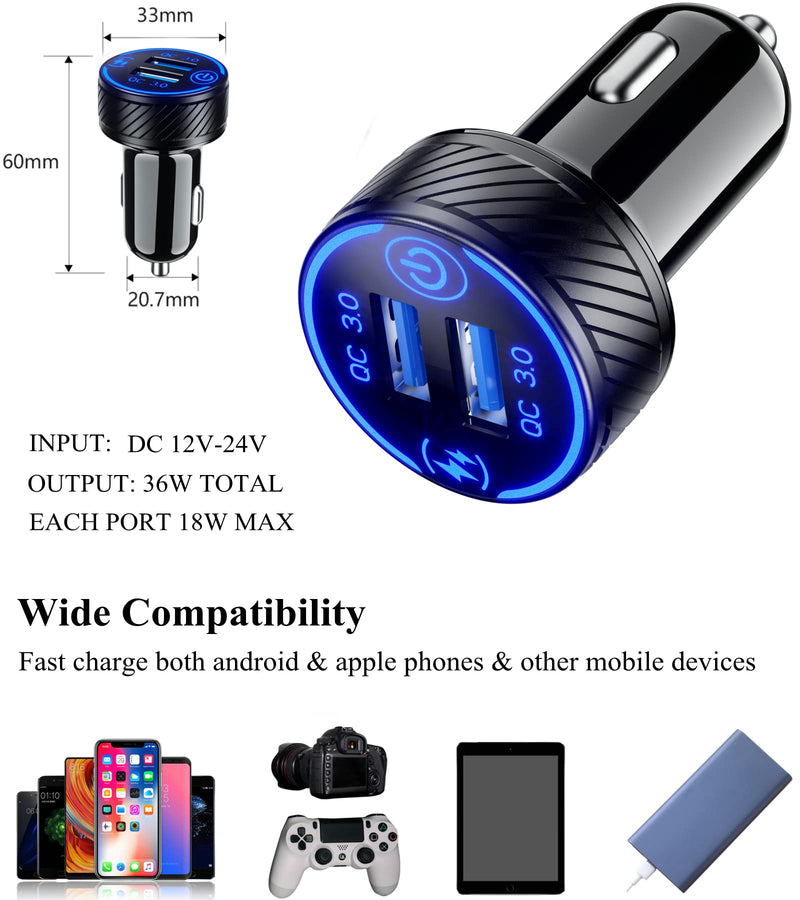 [Australia - AusPower] - BRCOVAN Car Charger, 36W 3A Fast Charge Car Charger Adapter, Dual QC3.0 Port USB Car Phone Charger with Touch Switch & Blue LED 