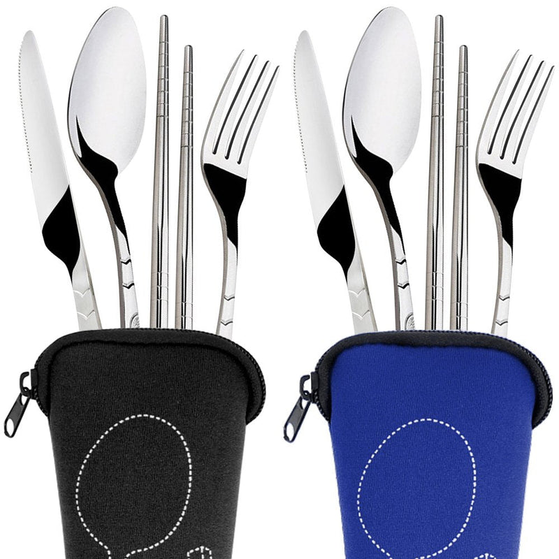 [Australia - AusPower] - SENHAI 8 Pieces Flatware Sets Knife, Fork, Spoon, Chopsticks, 2 Pack Rustproof Stainless Steel Tableware Dinnerware with Carrying Case for Traveling Camping Picnic Working Hiking Dark Blue,Black 