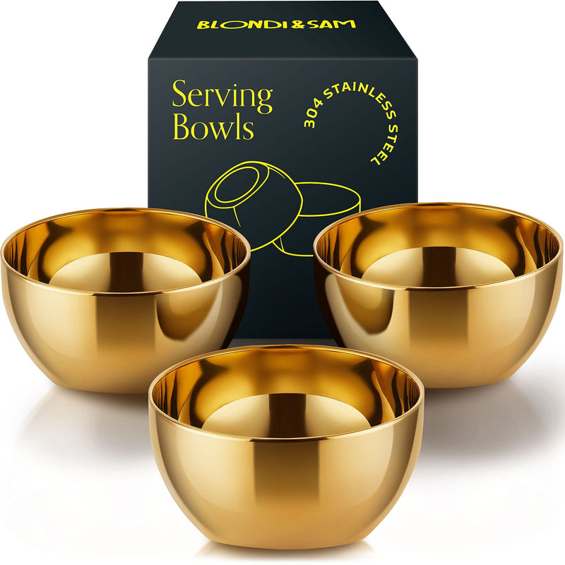 [Australia - AusPower] - BLONDI&SAM Gold Small Serving Dessert Bowls for Rice, Snacks, Candy, Ice Cream Bowls Set of 3, Party Bowls, Pasta Serving Bowl, Poké Ball Serving Bowl Set, Stainless Steel 12.5 Ounce Capacity 