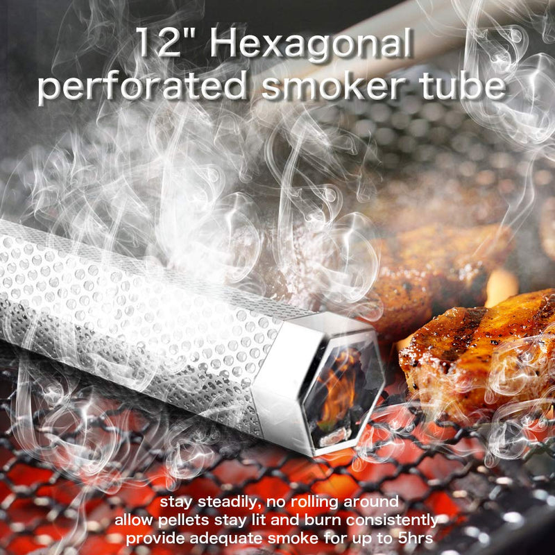 [Australia - AusPower] - Pellet Smoker Tube - 12'' Smoke Tube for Pellet Smoker Grill, Stainless Steel Pellet Tube for Smoking Portable Barbecue Cold Smoke Generator Works with Electric Gas Charcoal Grilling, Bonus Brush Hexagon Tube+2Hooks 
