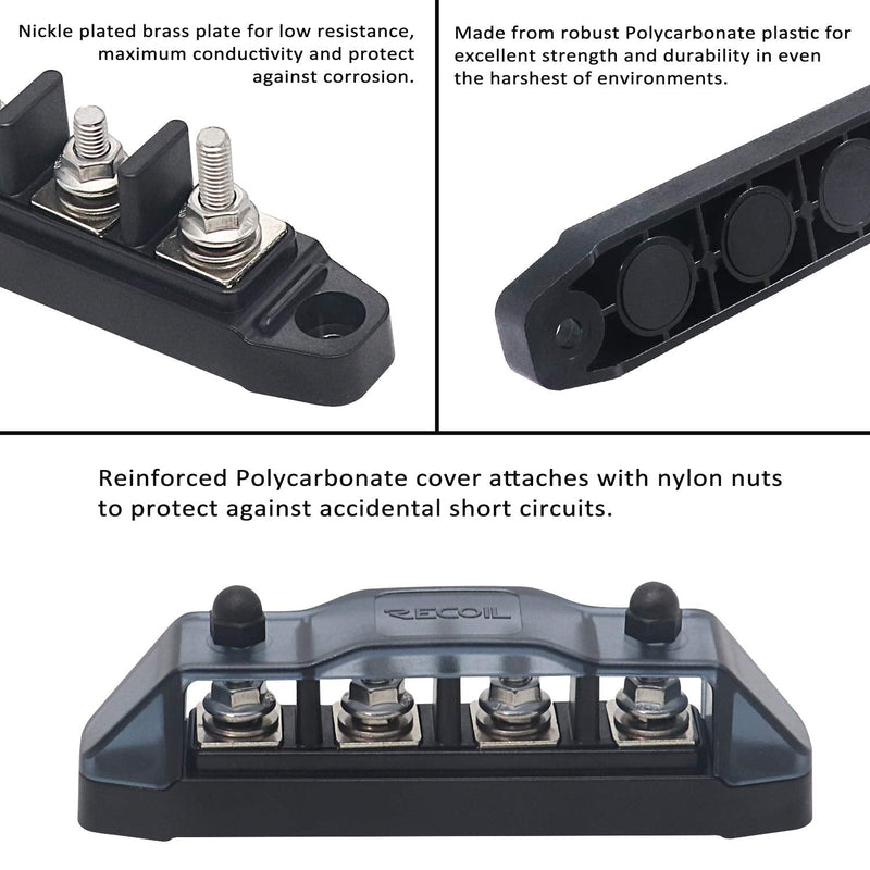 [Australia - AusPower] - RECOIL BBSPG4 Insulated 4 Position Bus Bar 4 x M5 Studs Terminals Power Distribution Block Busbar with Ring Terminals Insulated 4xM5 Studs Black 