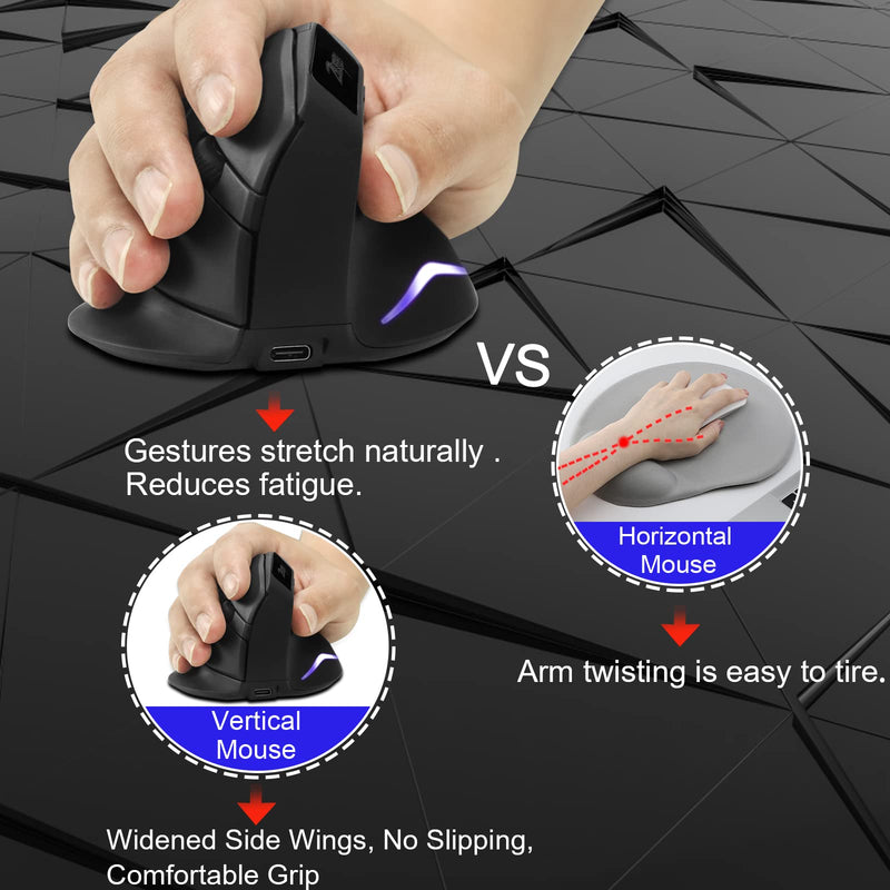 [Australia - AusPower] - Wireless Vertical Mouse, 2.4G Wireless Ergonomic Vertical Computer Mouse with 3 Adjustable DPI 1000/1600/2400, Rechargeable Laptop Mouse-Reduce Wrist Pain Compatible with PC, Desktop,Mac (Black)… Black 