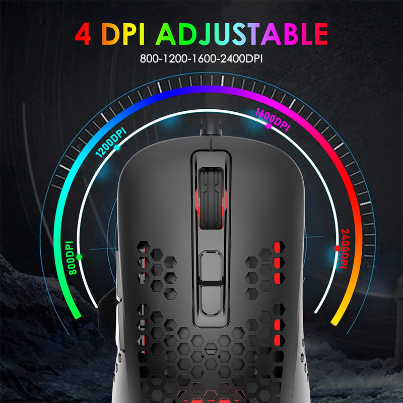 [Australia - AusPower] - Lightweight Gaming Mouse Wired,USB Optical Computer Mice with RGB Backlit,4 Adjustable DPI Up to 2400,Ergonomic Gamer Laptop PC Mouse with Honeycomb Shell for Windows 7/8/10/XP Vista Linux -Black Black 