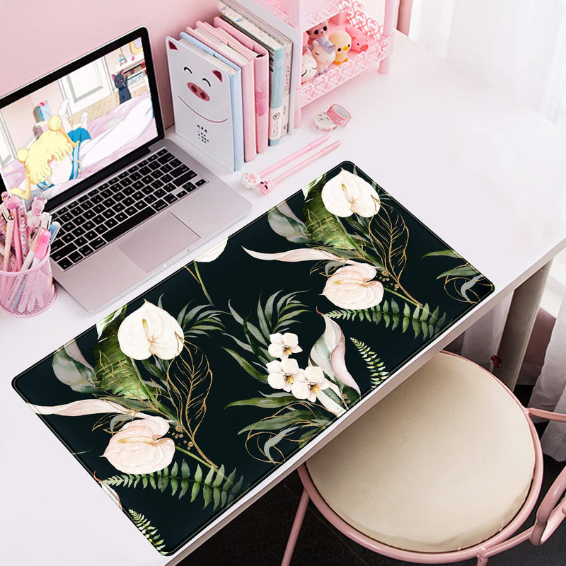 [Australia - AusPower] - Desk Mat Black and Gold White Rose Flowers Decor Large Keyboard Mouse Pad for Laptop Pc Setup Desk Cover Protector Desk DéCor for Office Home Work Gaming 31.5" X 15.7" Stitched Edge Non-Slip Design A Blue black 