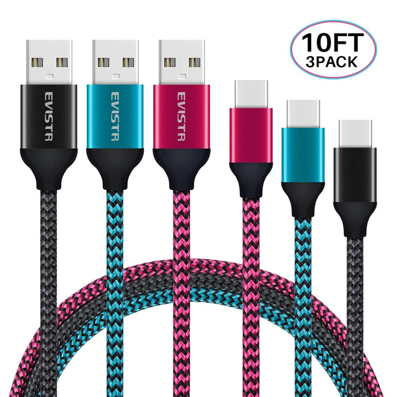 [Australia - AusPower] - USB Type C Cable - EVISTR 3PACK 10FT Charging Cable for Smartphones, Nylon Braid USB C Charger Sync Data Cord Compatible with Samsung Galaxy S9 S8 Note 8,LG V30, Nintendo Switch and More 