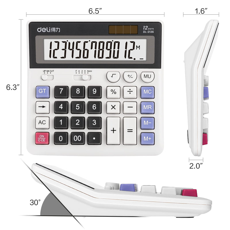 [Australia - AusPower] - Calculator, Deli Desktop Calculator, Financial Accounting Basic Calculators with 12 Digit Large LCD Display, Solar Battery Dual Power, White 