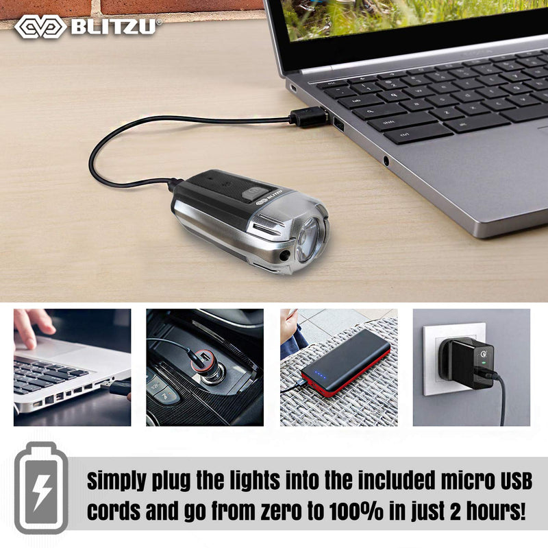 [Australia - AusPower] - BLITZU Gator 390 USB Rechargeable LED Bike Light Set, Bicycle Headlight Front Light & Free Rear Back Tail Light. Waterproof, Easy to Install for Kids Men Women Road Cycling Safety Commuter Flashlight Black 
