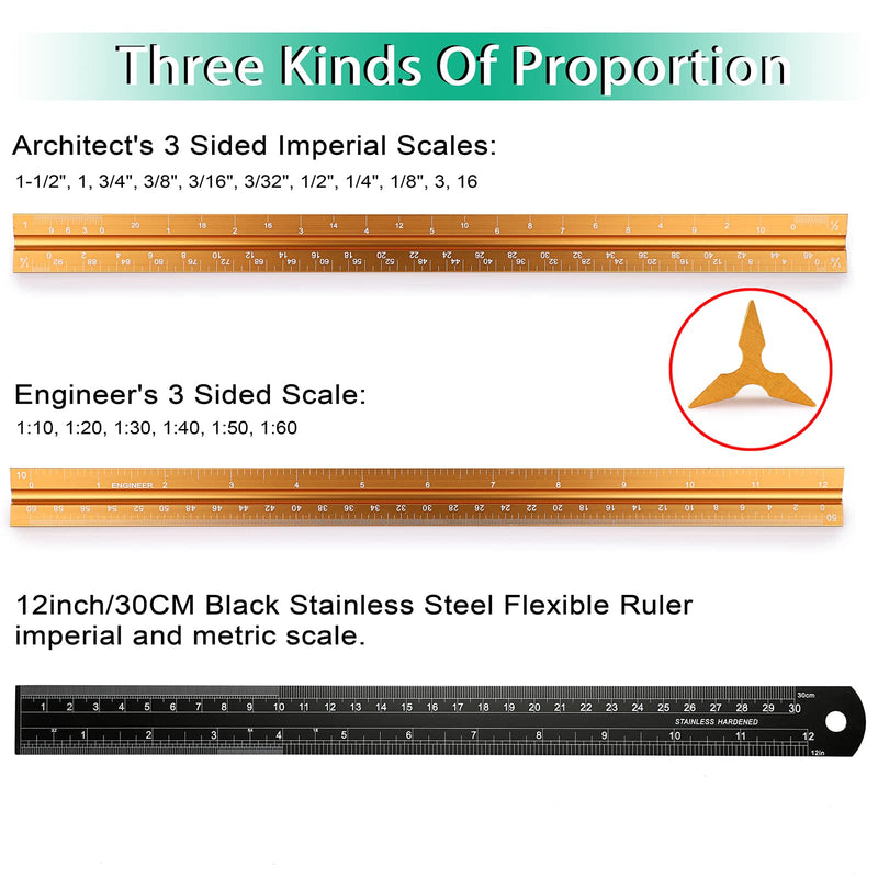 [Australia - AusPower] - OwnMy 3 Pack 12 Inch Solid Aluminum Triangular Architect Scale Ruler Set, Architectural and Engineer Scale Ruler Set, Professional Etched Scales Drafting Rulers for Blueprints Civil Engineer, Gold 