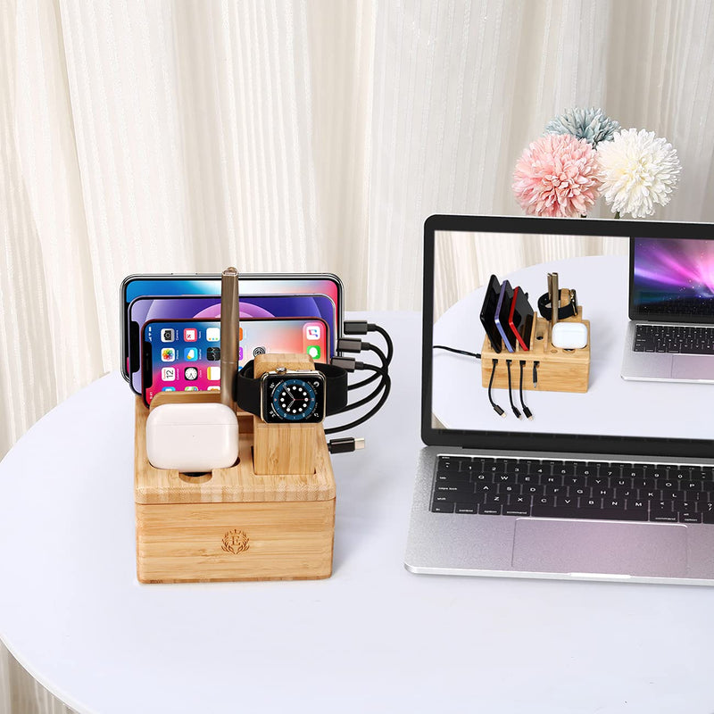 [Australia - AusPower] - Bamboo Charging Stations for Multiple Devices, Upgrade Desk Docking Station Organizer for Cell Phones, Tablet, AirPods, iWatch Stand with 3 Cables 