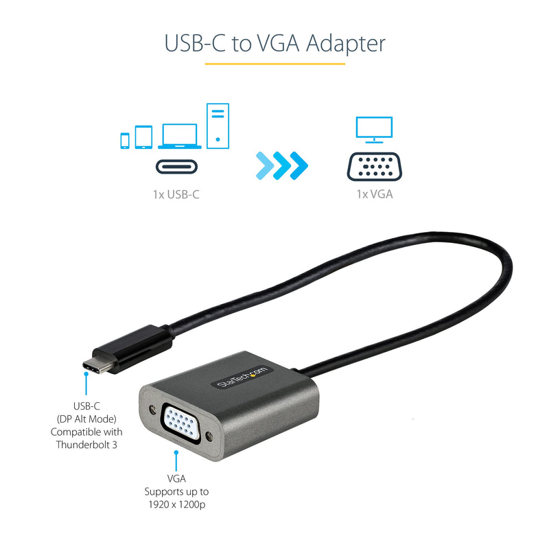 [Australia - AusPower] - StarTech.com USB C to VGA Adapter - 1080p USB Type C to VGA Display/Monitor Video Converter, USB-C Dongle, Thunderbolt 3 Compatible - 12" Long Attached Cable - Upgraded Version of CDP2VGA (CDP2VGAEC) Silver 