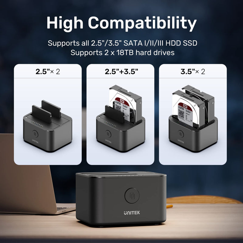 [Australia - AusPower] - Unitek USB 3.0 to SATA I/II/III Mini Dual Bay External Hard Drive Docking Station for 2.5 / 3.5-inch HDD SSD, Offline Clone Duplicator Function Support UASP and 16TB with 12V/3A Power Adapter Type-A SATA Docking Station 