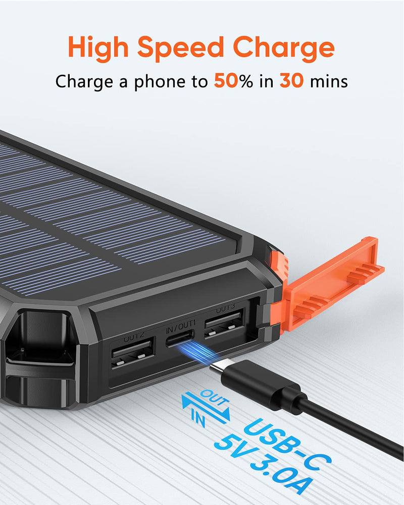 [Australia - AusPower] - Riapow Solar Charger 30000mAh High Capacity Solar Power Bank with Built-in USB C & USB Input Cables, Fast Charge Portable Phone Charger with 5 Outputs & 2 Inputs for iPhone Samsung Tablet Orange 