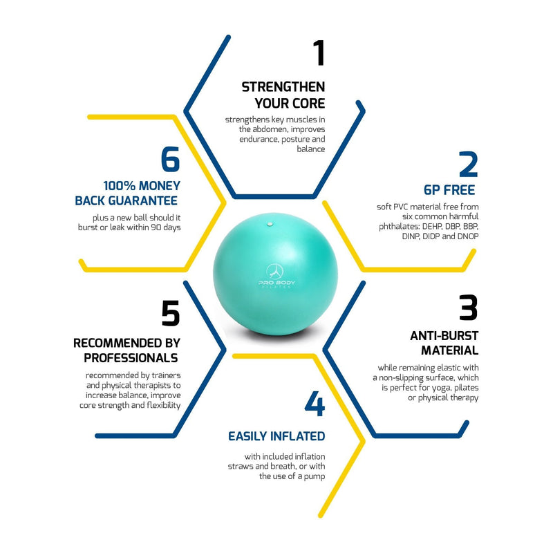 [Australia - AusPower] - ProBody Pilates Mini Exercise Ball with Pump - 9 Inch Small Bender Ball for Stability, Barre, Pilates, Yoga, Balance, Core Training, Stretching and Physical Therapy with Workout Guide 