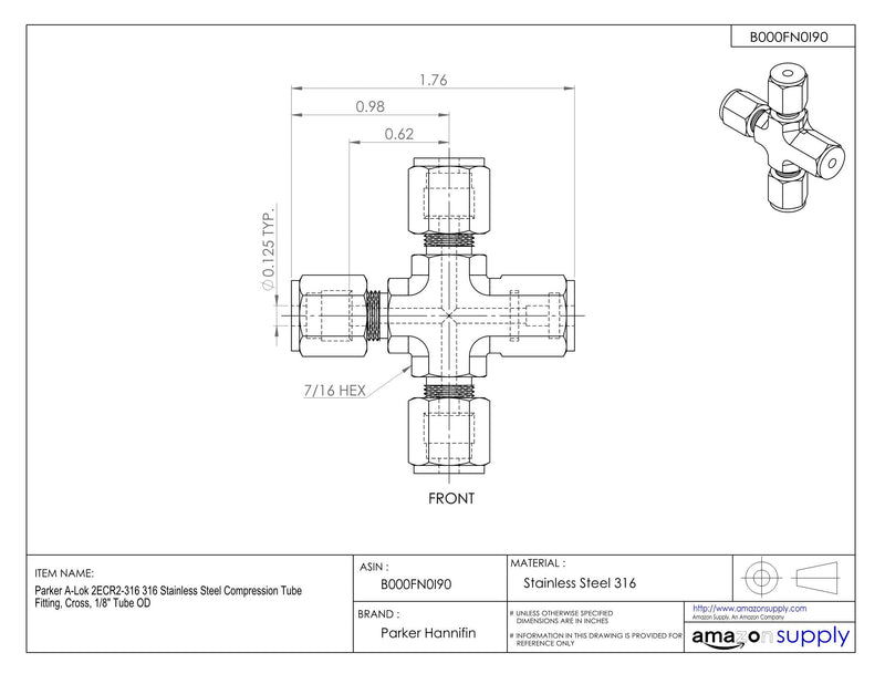 [Australia - AusPower] - Parker A-Lok 2ECR2-316 316 Stainless Steel Compression Tube Fitting, Cross, 1/8" Tube OD 1/8 Inch 