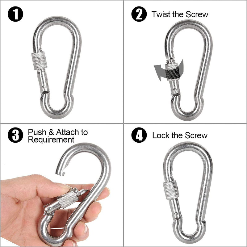 [Australia - AusPower] - Acquwistach 6 Pack Locking Carabiners Clips 3.15" Stainless Steel Spring Snap Hook Locking Carabiner - 304 Premium Stainless Steel Heavy Duty Thumb Screw Carabiner Clips 