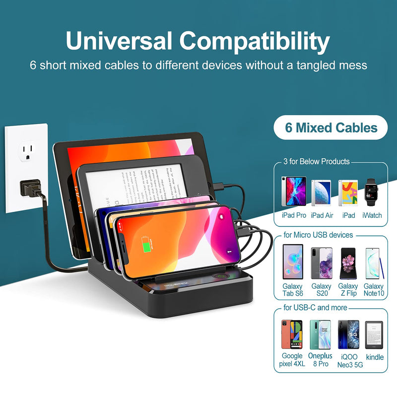 [Australia - AusPower] - Charging Station for Multiple Devices 5 Ports with 6 Mixed Charging Cables Multi USB Charger Station Organizer for Cell Phones Tablets Tab Electronics Tech Gadget 