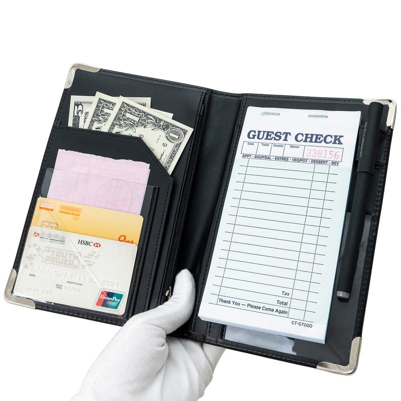 [Australia - AusPower] - Server Book for waitress with money zipper pocket,Firmer Writing Service and Stronger Corners Waiter Organizer,pen holder, fits Restaurant Guest Check Order Pad and Apron5x8 Black 