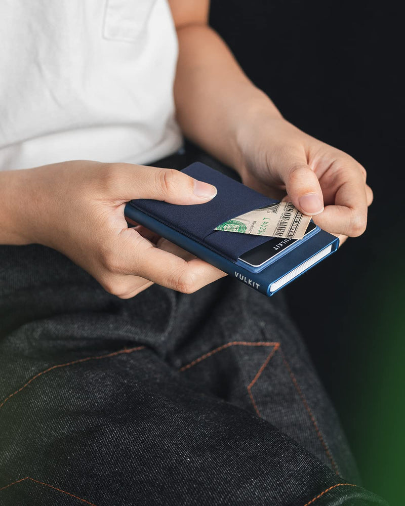 [Australia - AusPower] - VULKIT Card Holder with Money Pocket Pop Up Wallet RFID Blocking Slim Metal Bank Card Case Holds 5 Cards and Notes(Navy) Navy 