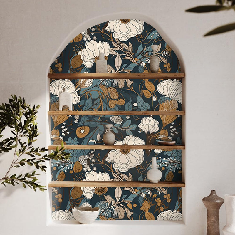 [Australia - AusPower] - MAGAFA Floral Peel and Stick Wallpaper Boho Removable Wallpaper for Bedroom Bathroom Black/Sand/Oliva Easy Peel Off Wallpaper Stick on Wallpaper Vintage Renter Friendly Wall Paper 236.2" X 17.7" 17.71"X236.2" 
