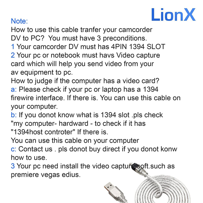 [Australia - AusPower] - LIONX New Data DV Cable USB to IEEE 1394 4 Pin Firewire Adapter High PC 