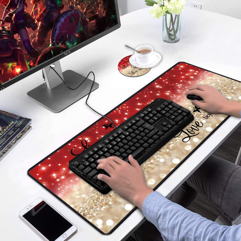 [Australia - AusPower] - Desk Pad Gaming Mouse Pads with Coasters,31.5"x 11.8" Large Non-Slip Rubber Base Mousepad with Stitched Edges for Office & Home,Red Glitter Quote Live Every Moment, Laugh Every Day, Love Beyond Words 