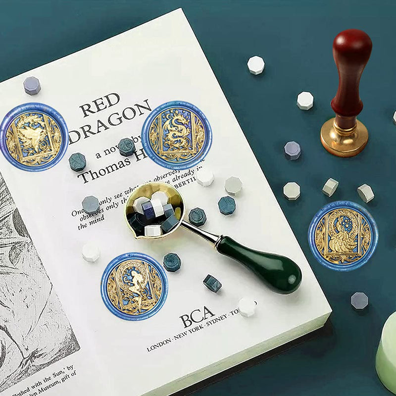 [Australia - AusPower] - Afobby Wax Seal Stamp Kit, Animal Wax Seal Stamp Set with 6 PCS Removable Brass Heads and 1 Wooden Handle, Dragon Mermaid Peacock Hummingbird Sealing Wax Stamps for Wedding Invitation Envelopes Animal wax seal stamp kit2 