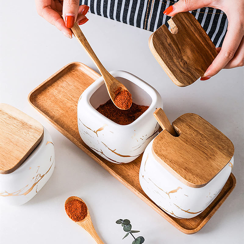 [Australia - AusPower] - Marble Ceramics Sugar Bowl Ceramic Seasoning Box Ceramic Spice Jars Porcelain Condiment Pots with Lid and Spoon (White) White 
