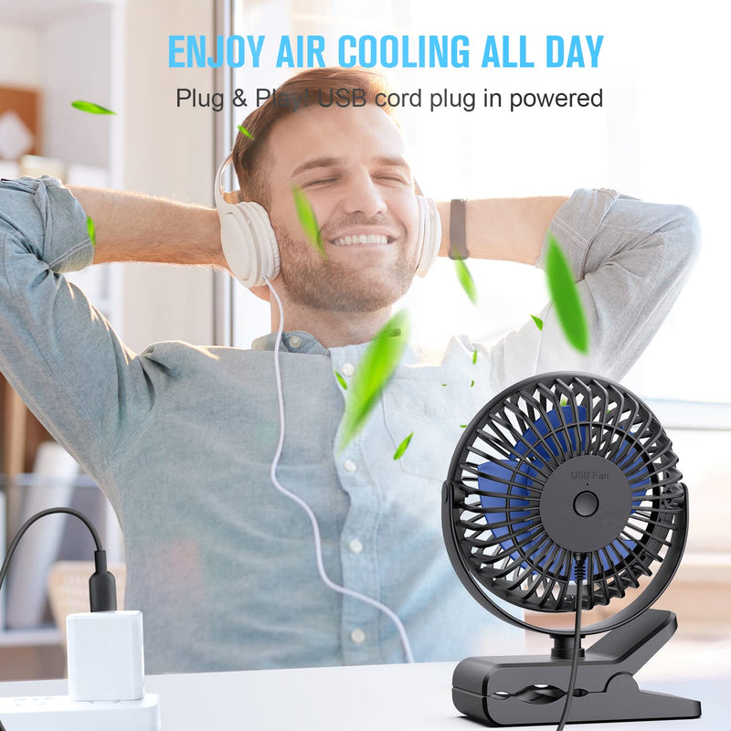 [Australia - AusPower] - BESKAR USB Powered Clip on Fan, 6 Inch Portable Fan with Cord, 3 Speeds Strong Airflow, Small Fan with Sturdy Clamp, Quiet Personal Desk Fan & Clip Fan Black Blue Blades 