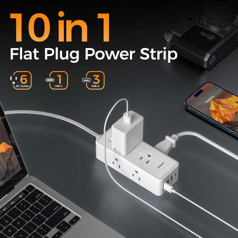 [Australia - AusPower] - Surge Protector Power Strip, TESSAN Ultra Thin Flat Plug 5 ft with 6 AC Outlets 4 USB (1 USB C) Ports, Extension Cord with Multiple Outlets Protection for Home, Office, Dorm Room, White 