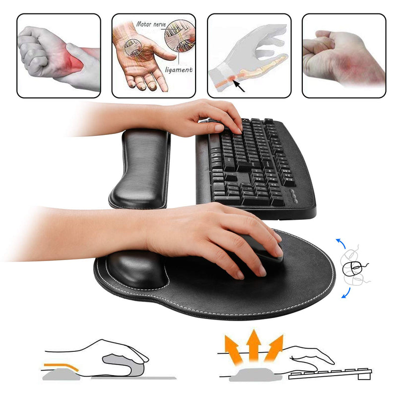 [Australia - AusPower] - RICHEN Ergonomic PU Leather Keyboard Wrist Rest and Mouse Pad with Wrist Support, Memory Foam Set for Computer/Laptop,Gaming and Office, Comfortable for Easy Typing & Pain Relief (PU Black) Pu Black 