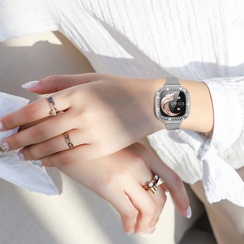 [Australia - AusPower] - Joyozy Slim Metal Bands Compatible with Fitbit Versa 3&Sense Smartwatch,Stainless Steel Sense Thin Wristbands Bracelet with Bling Protective Case for Women Girls Silver 