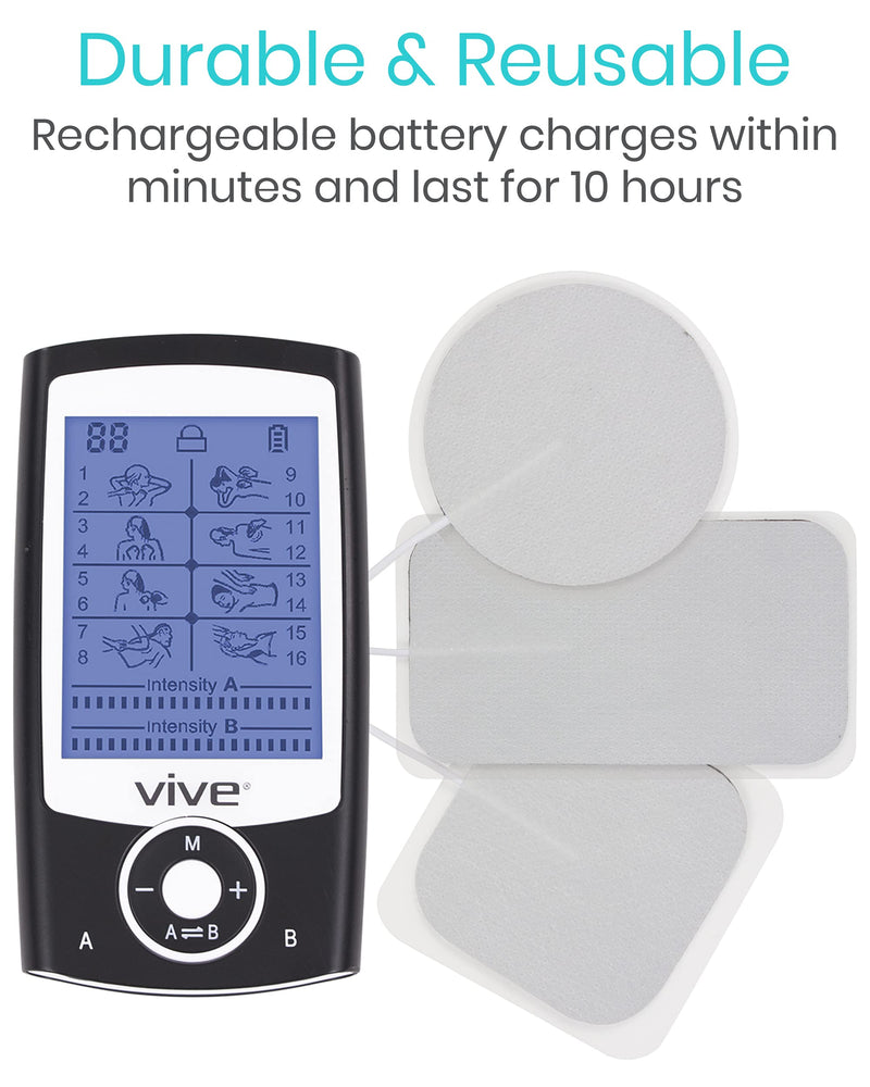 [Australia - AusPower] - Vive Tens Unit Muscle Stimulator- Stim Machine with Self Sticking Electrodes Pads, Massager for Upper & Lower Back, Sciatica, Neck Pain Relief, Electric Shock Therapy for Muscles & Pain Management 
