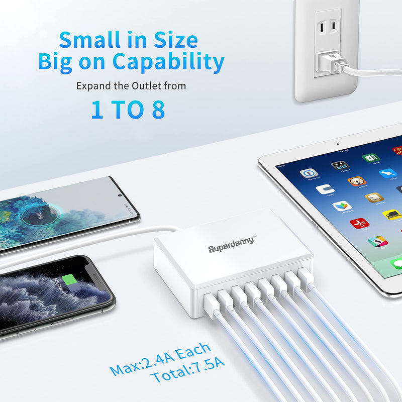 [Australia - AusPower] - USB Charger Station, SUPERDANNY 8-Port Desktop Charging Station for Multiple Devices, Compatible with iPhone 11/X/Xs/Max/XR/SE/8/Plus, iPad Pro/Air/Mini, AirPods, Galaxy S10 Note, LG, and More, White 