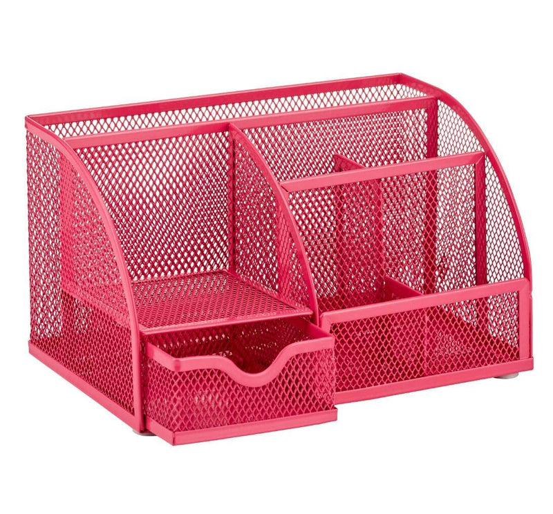 [Australia - AusPower] - Annova Mesh Desk Organizer Office with 7 Compartments + Drawer/Desk Tidy Candy/Pen Holder/Multifunctional Organizer - Pink - Fuchsia 