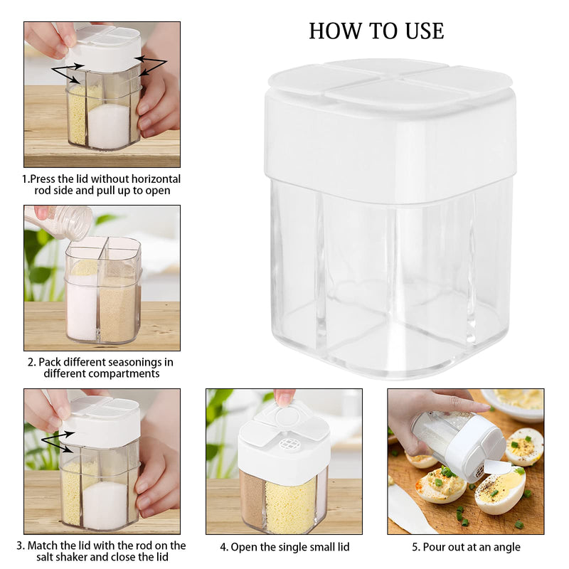 [Australia - AusPower] - 4 Pack 4 in 1 Plastic Salt and Pepper Shaker, Transparent Spice Dispenser 4 Compartment Seasoning Jar, Travel Spice Containers with Lids, Empty Spice Dispensers for Cooking BBQ(with 1 Sheet Label) 