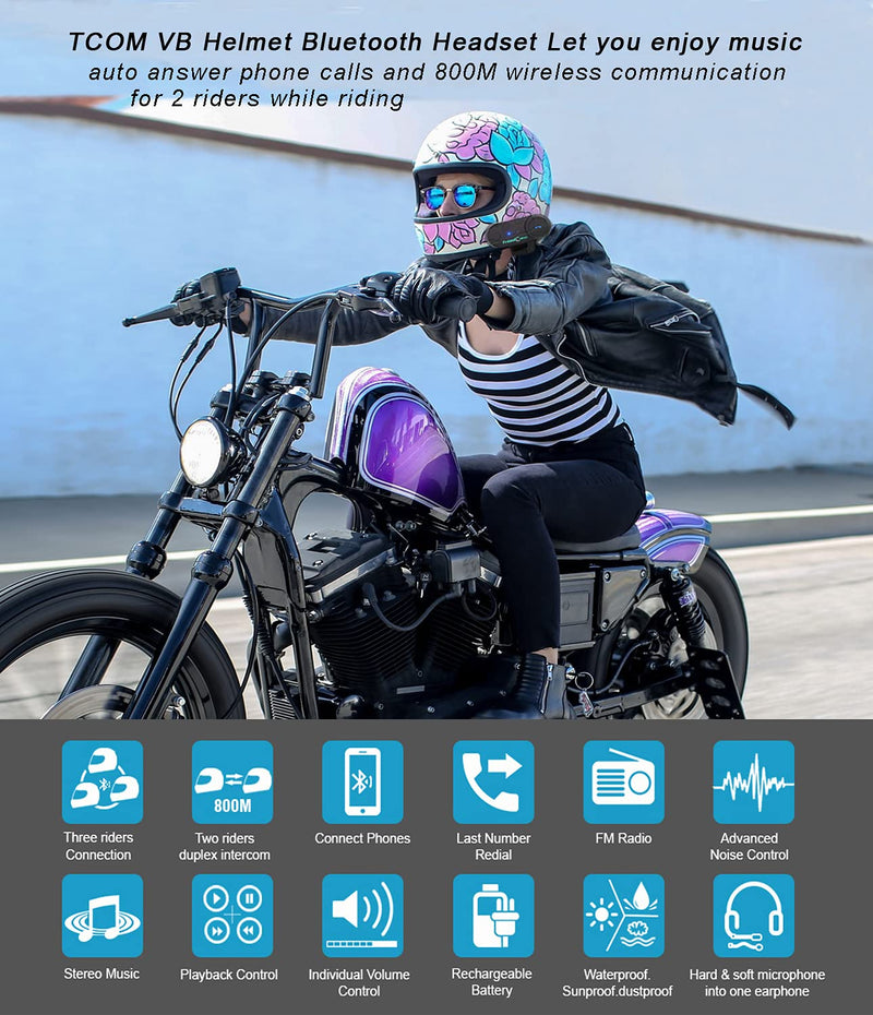 [Australia - AusPower] - Motorcycle Helmet Bluetooth Headset, TCOM VB Helmet Communication Systems 2Riders Snowmobile Helmet Bluetooth Intercom, Motobike Waterproof Interphone 800M Up to 3 Riders Pairing(1Pack) 