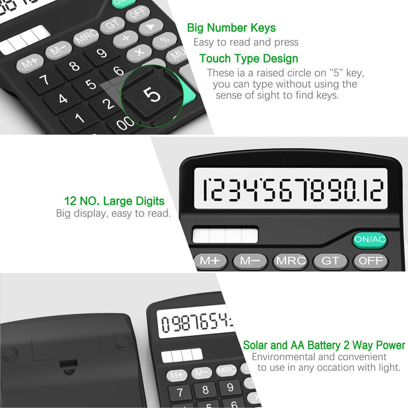 [Australia - AusPower] - Calculators, Splaks 2 Pack Standard Functional Desktop Calculators Sola and AA Battery Dual Power Electronic Calculator with 12-Digit Large Display (1 Basic Black&1 Updated Silver) 1 Black&1 Silver 