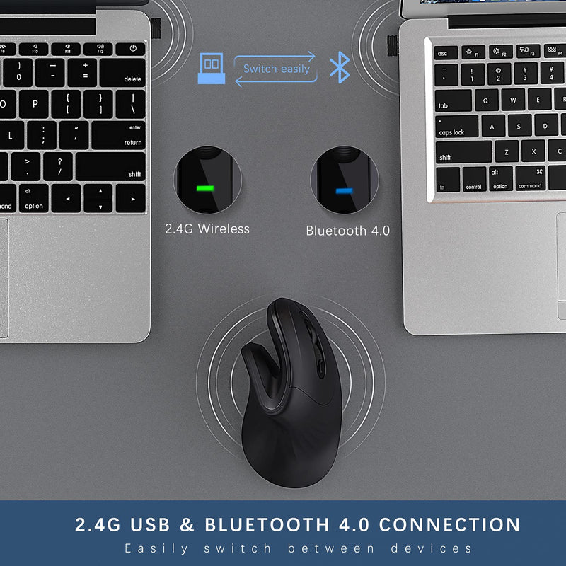 [Australia - AusPower] - Ergonomic Wireless Mouse, Bluetooth Vertical Mouse 2.4G Optical Vertical Mice Bluetooth 4.0 Wireless Mice with Adjustable DPI 1000/1600/2400 for Laptop, Desktop, PC, MacBook - Black 