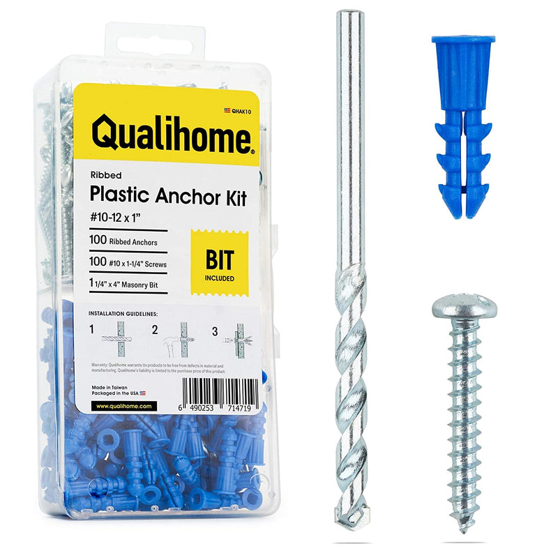 [Australia - AusPower] - Ribbed Plastic Drywall Anchor Kit with Screws and Masonry Drill Bit, 10-12 x 1" 