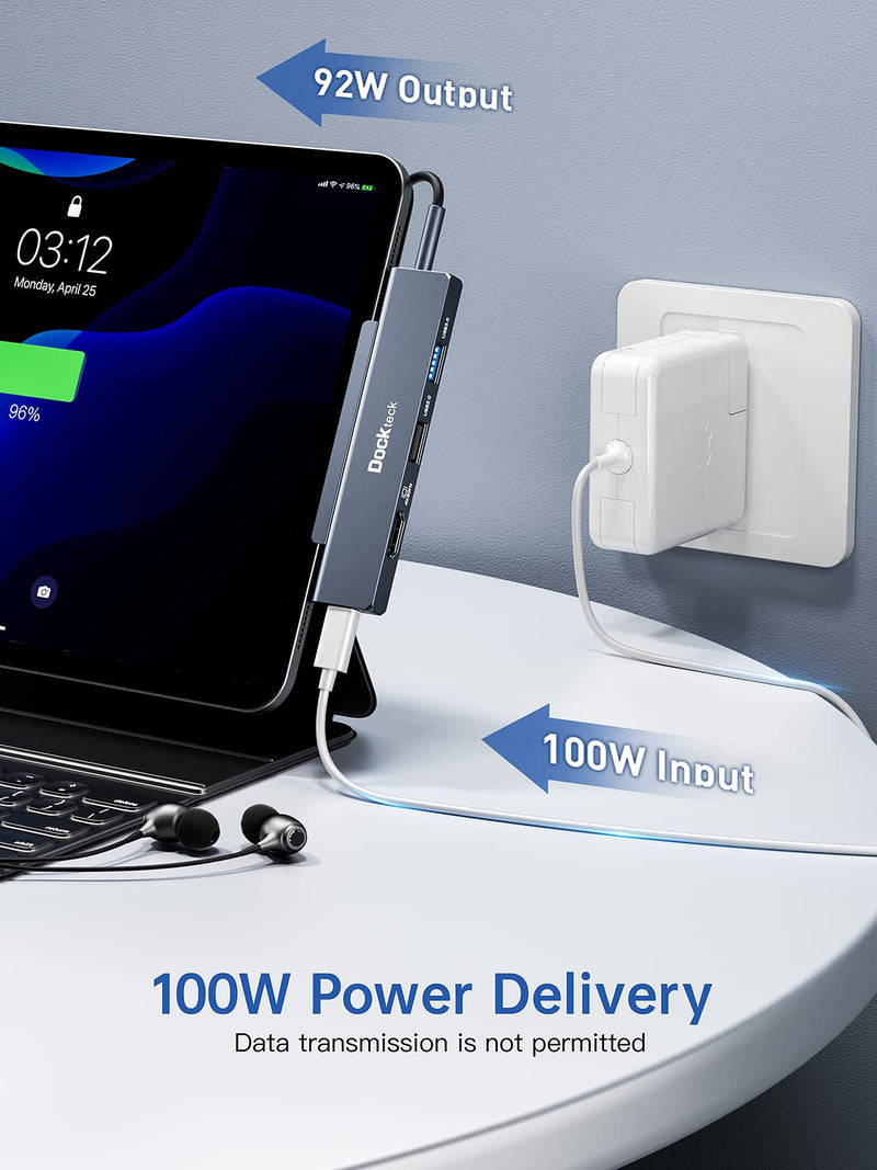 [Australia - AusPower] - iPad Pro USB C Hub Multiport Adapter - Dockteck USBC Hub 5 in 1 with 100W PD, 4K 60Hz HDMI, Audio, USB 3.0, USB C Dock with Magnetic Grip for iPad Pro 12.9 2021 2020 2018, iPad Air, iPad Mini 6 