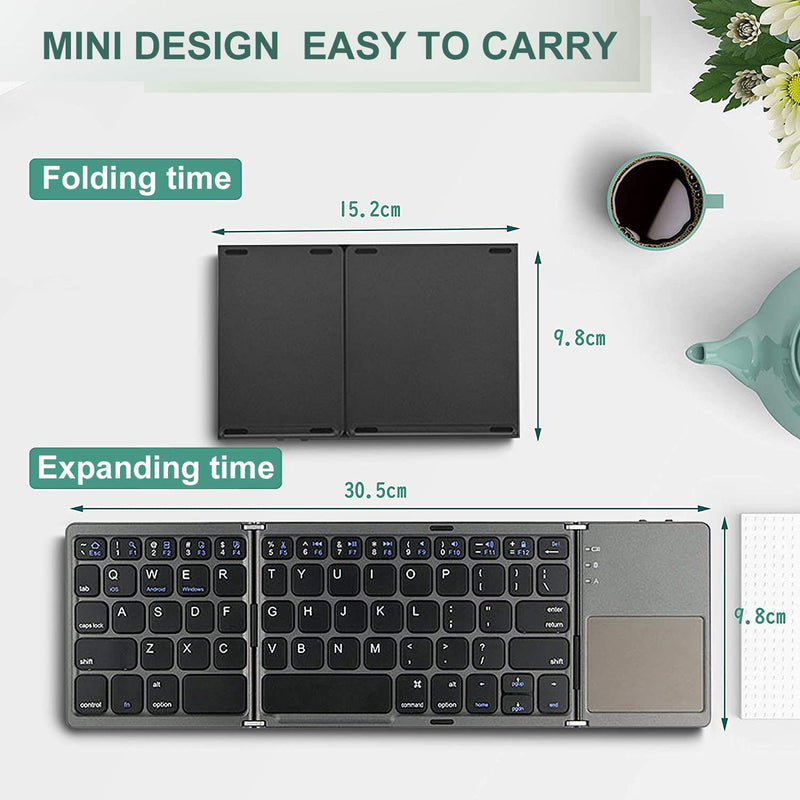 [Australia - AusPower] - Foldable Bluetooth Keyboard, Rock&Rown Pocket Size Portable Wireless Keyboard with Touchpad for Mac OS,Android, Windows, Linux, PC, Tablet, with Rechargeable Li-ion Battery-Dark Gray 
