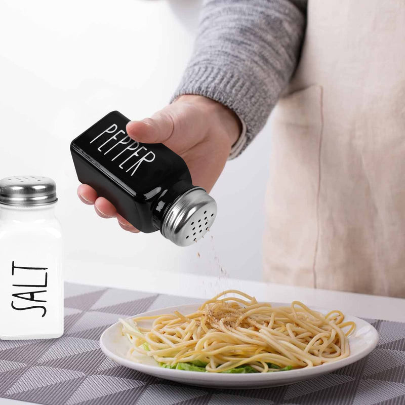 [Australia - AusPower] - 2 Pack Salt and Pepper Shakers Set, Glass Salt Shaker with Stainless Steel Lid, Modern and Cute Farmhouse Salt and Pepper Set (Black and White) black, white (medium) 
