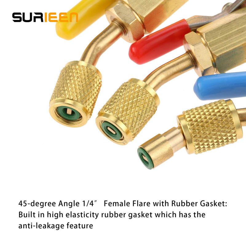 [Australia - AusPower] - SURIEEN 3 Pack R134A Angled Compact Shut-Off Ball Valve Adapter 3 Colors 1/4" SAE Thread Fits for HVAC Air Conditioning Refrigerant R134A R12 R22 R502 Charging Hoses Air Condition Refrigerant Tools 