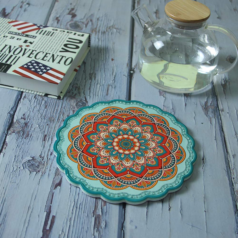 [Australia - AusPower] - Arly Ceramic Tile Green Trivet for Hot Dishes, Art Waterproof Insulation Pads with Bohemia Style,Round 7.7 Inch 1 of Green 