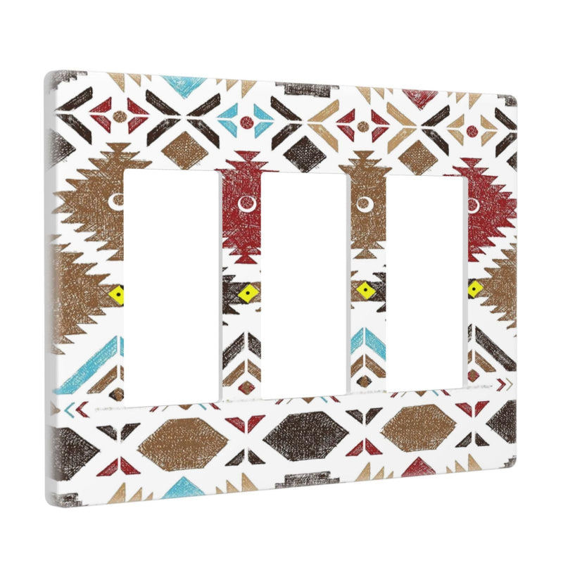[Australia - AusPower] - Brown Red Abstract Retro Tribal Navajo Aztec Ethnic Colorful Boho Modern Geometric 3 Gang Triple Rocker/GFCI Light Switch Wall Plate Cover Electrical Faceplate Southwestern Aztec Room Decor Screwless 3 Gang Rocker/GFCI Screwless 