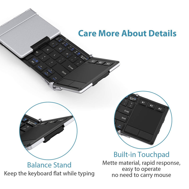 [Australia - AusPower] - Folding Keyboard, iClever BK08 Bluetooth Keyboard with Sensitive Touchpad (Sync Up to 3 Devices), Pocket-Sized Tri-Folded Fodable Keyboard for iPad Mac iPhone Android Windows iOS, Silver 